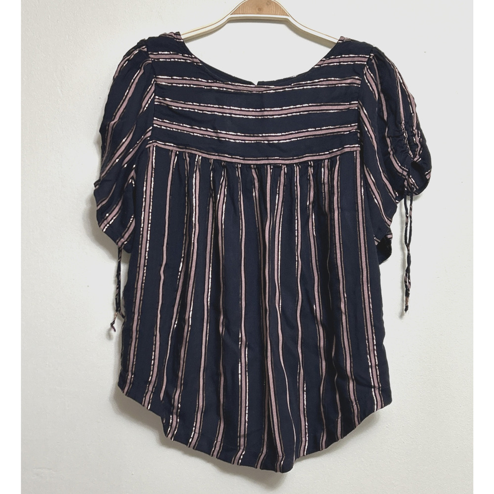 By Anthropologie Blouse Size Small Metallic Blue Striped Tie Sleeves Back Button